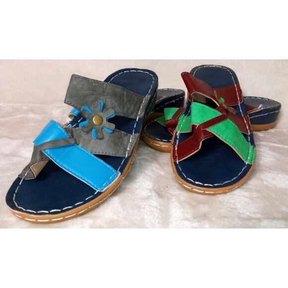 Two Pairs Multicolor Leather Sandals With Flower Detail - Women's Summer Slip- - Picture 12 of 12